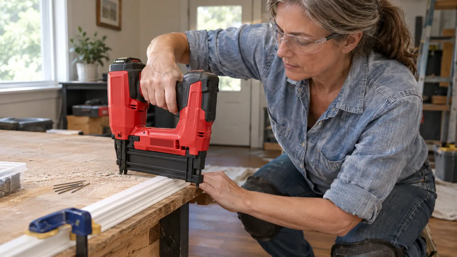 Close view of a cordless brad nailer driving a nail into a piece of trim on a workbench