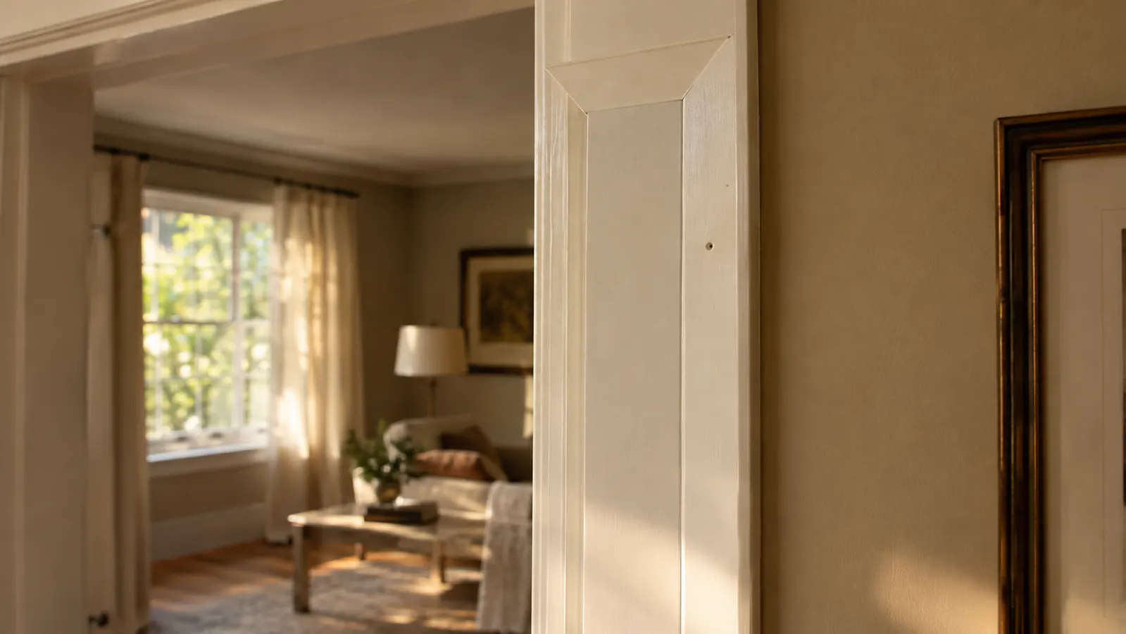 A neatly finished doorway with clean trim joints and a small nail hole ready for filler