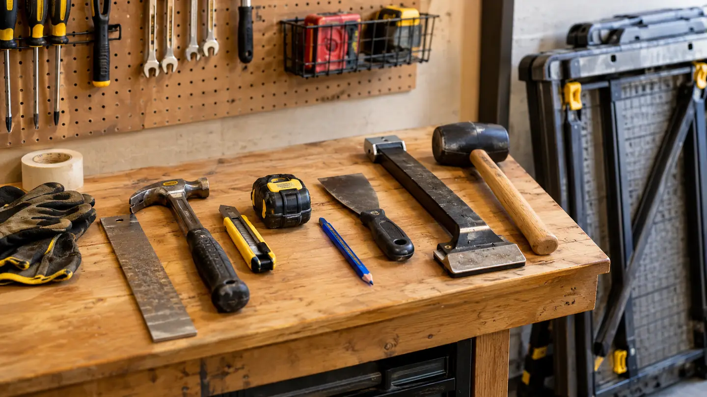 A neat row of flooring tools laid out on a garage workbench beside a folded work table
