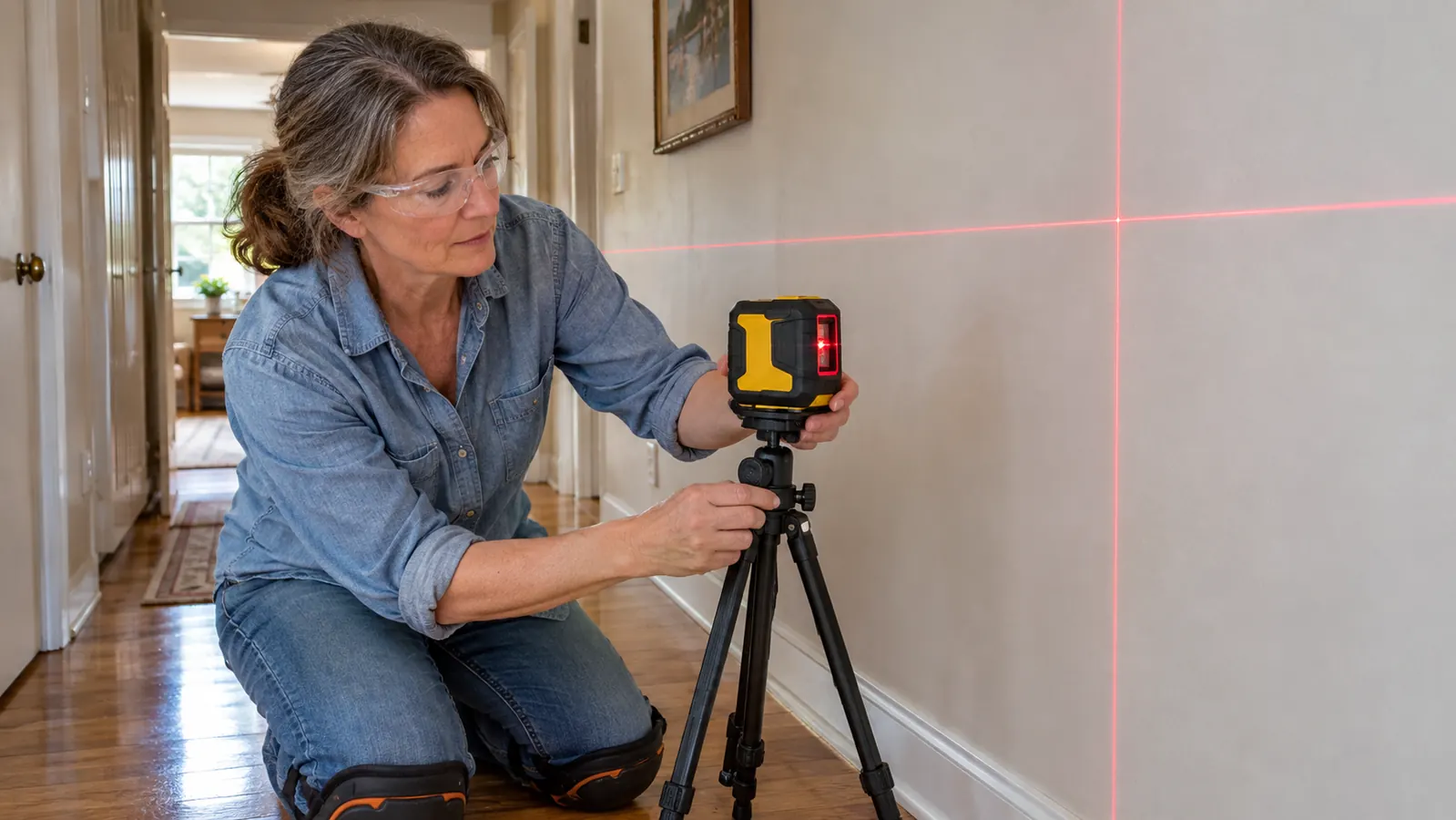 A homeowner's hand adjusting a laser level on a tripod in a hallway