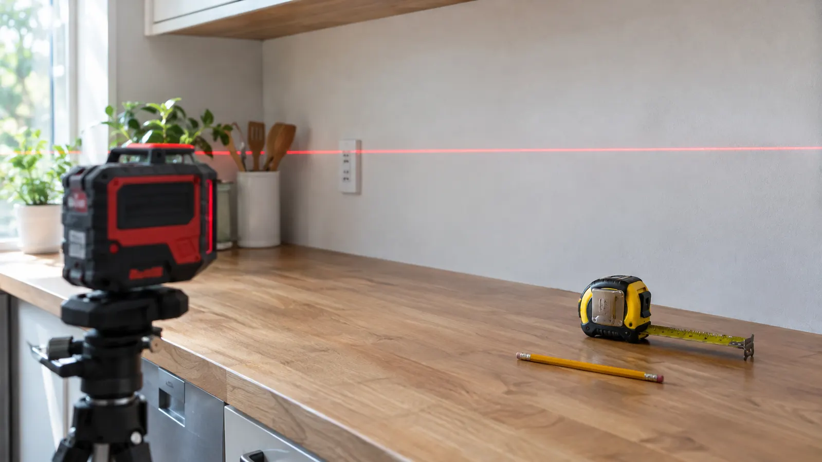 A laser level projecting a level line across a kitchen wall above a counter