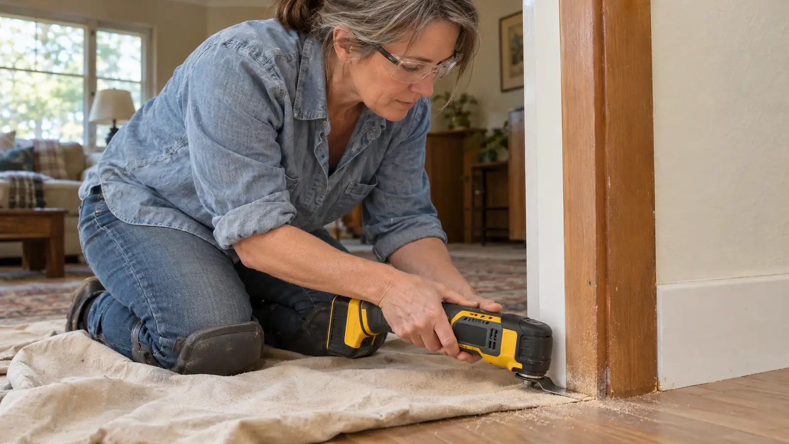 A homeowner kneeling and using a cordless oscillating multi-tool to trim the bottom of a wooden door jamb while new flooring is laid nearby