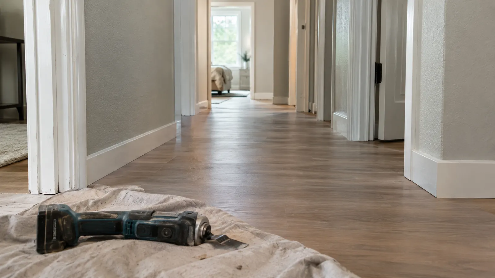A hallway in an older single-story home with new flooring running up to door jambs trimmed flush