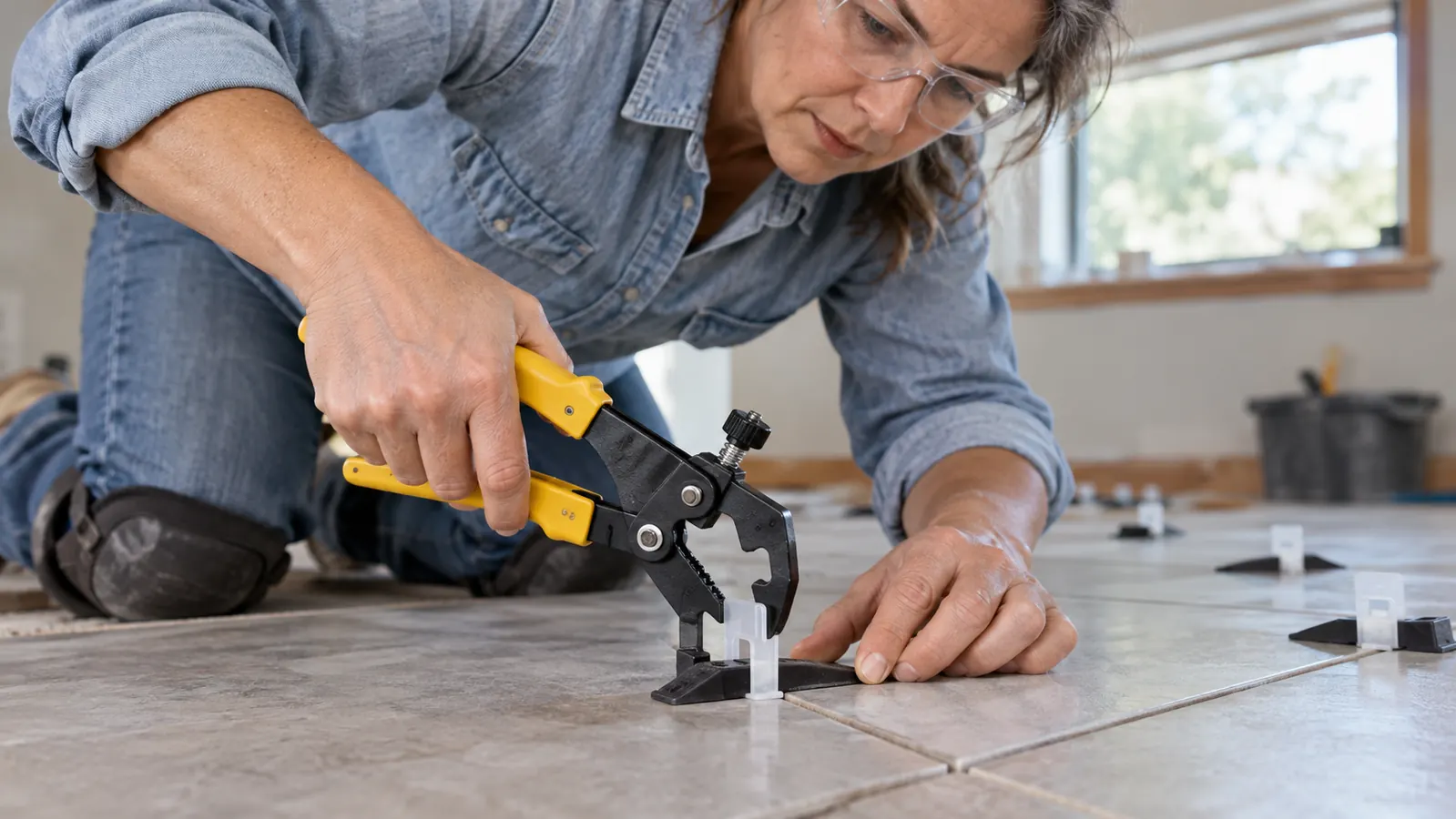 Close-up of a hand using a plier tool to tighten a tile leveling strap between two tiles