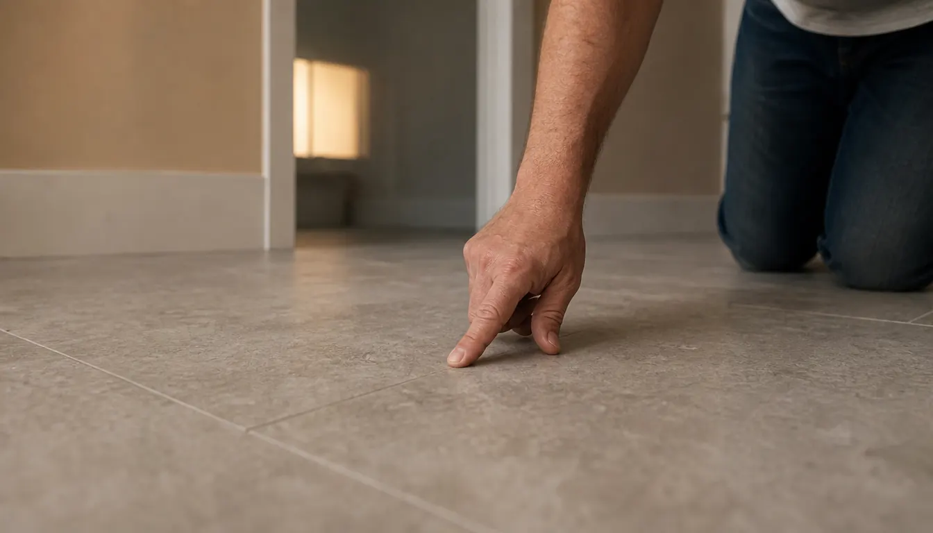 A homeowner's hand running a finger across a finished tile floor to check that the surface is flat