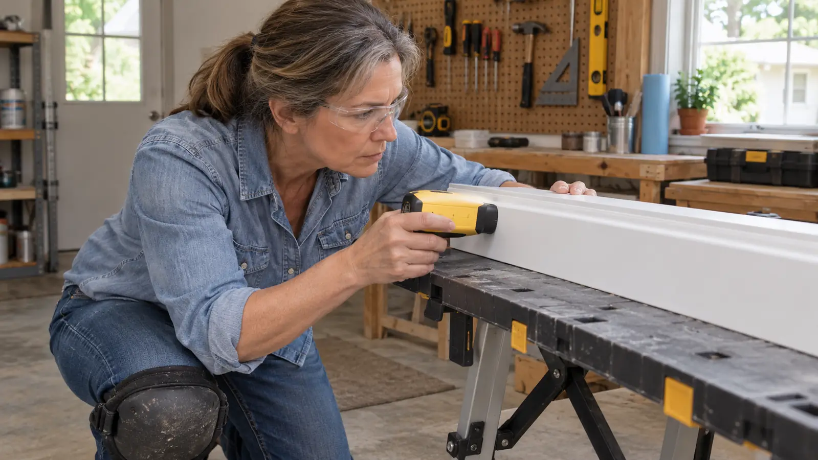 Close view of a cordless brad nailer held against a piece of baseboard trim on a work table