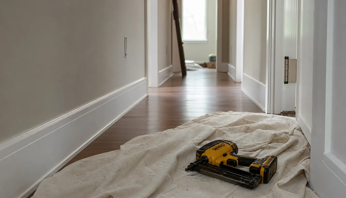 A hallway with freshly installed baseboard trim and a cordless brad nailer resting on a drop cloth