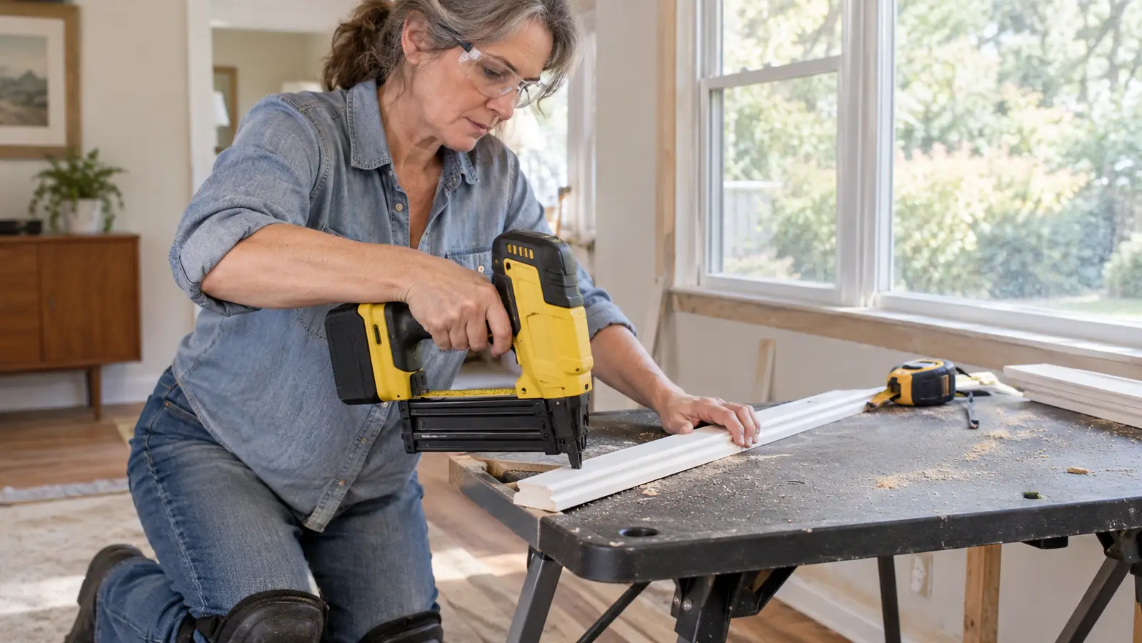 A hand guiding a cordless brad nailer along a piece of trim on a work table