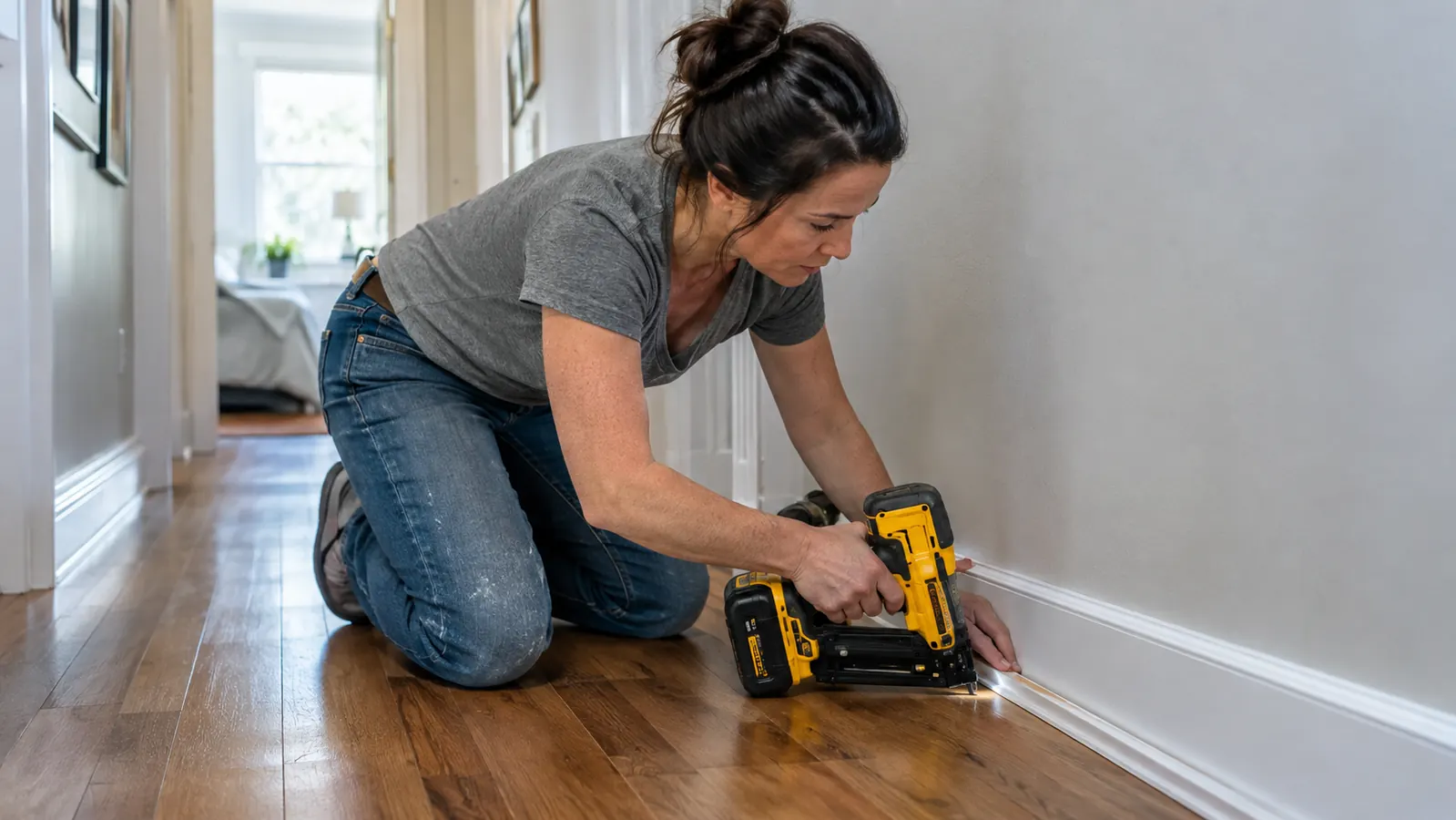 A homeowner kneeling to nail shoe molding along the bottom of a baseboard in a hallway