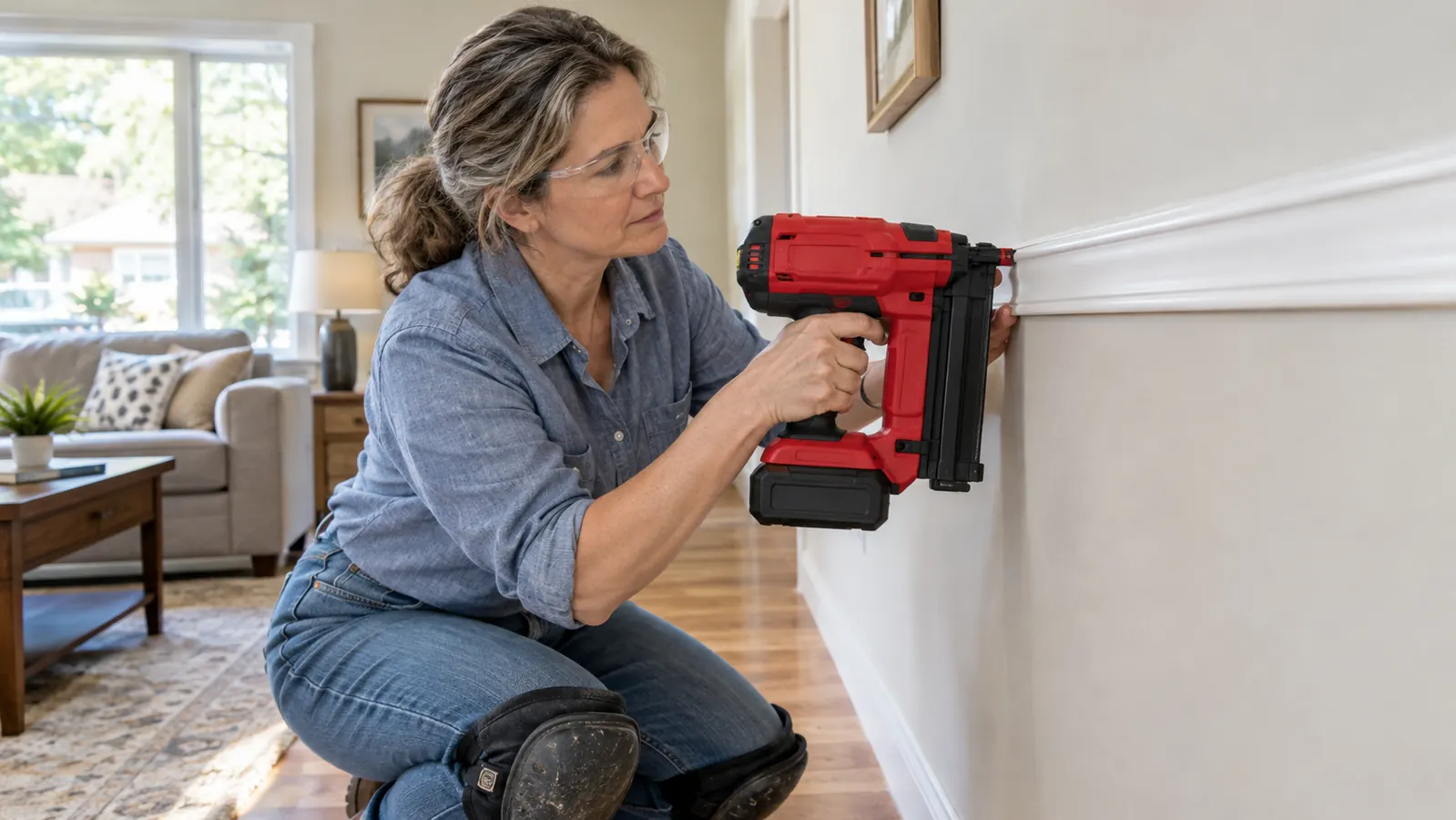 A cordless brad nailer being used to fasten a piece of trim along a wall in a bright room
