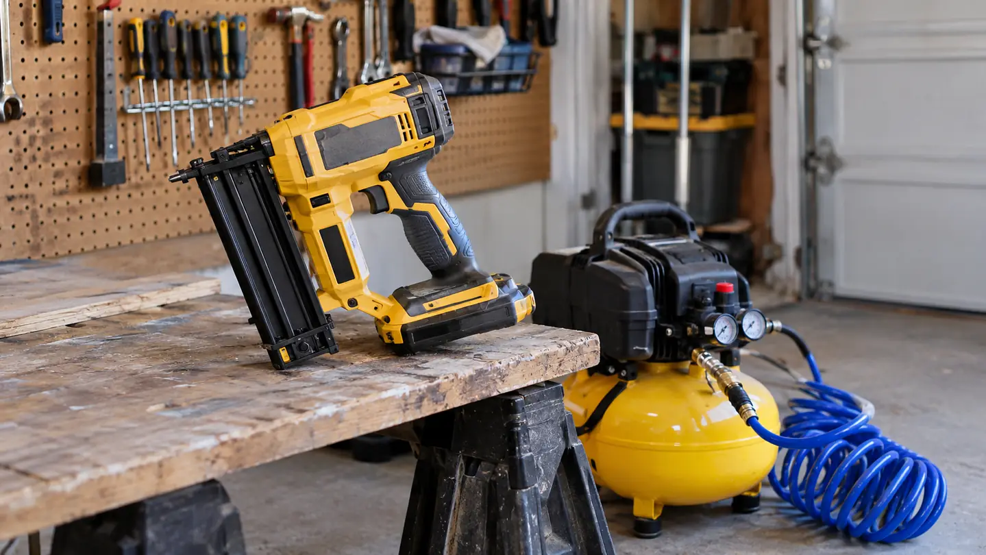 A close view of a cordless brad nailer resting on a sawhorse next to a small air compressor and a hose in a garage