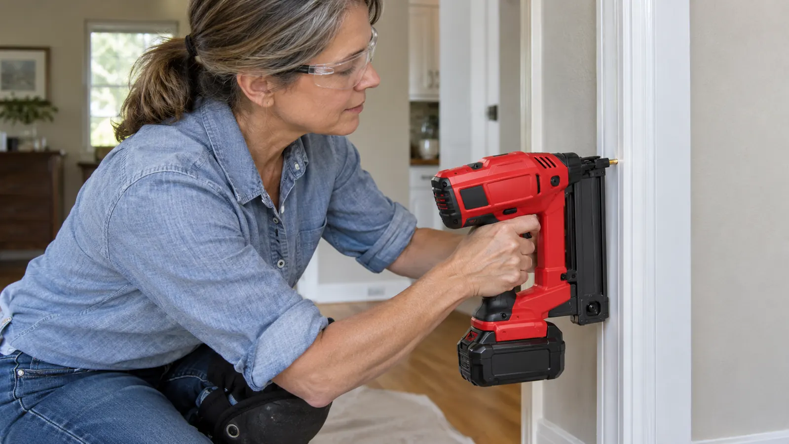 Close-up of hands guiding a cordless brad nailer against a primed piece of trim installed on a door casing