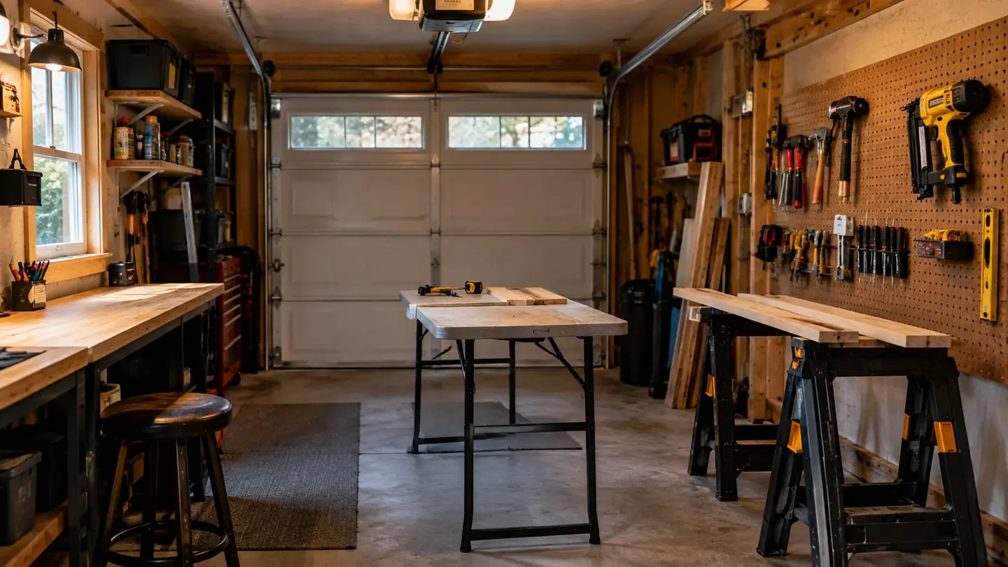A compact home workshop with a cordless brad nailer hanging on a pegboard above a folding work table and sawhorses
