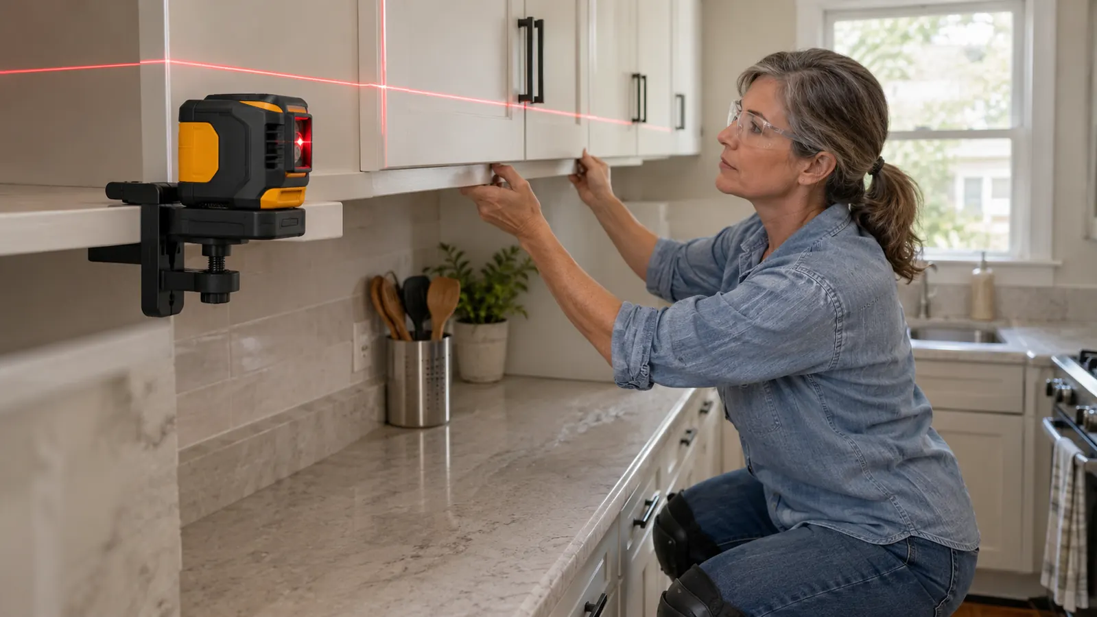 A close view of a laser level clipped to a shelf with a red line running across a row of upper cabinets