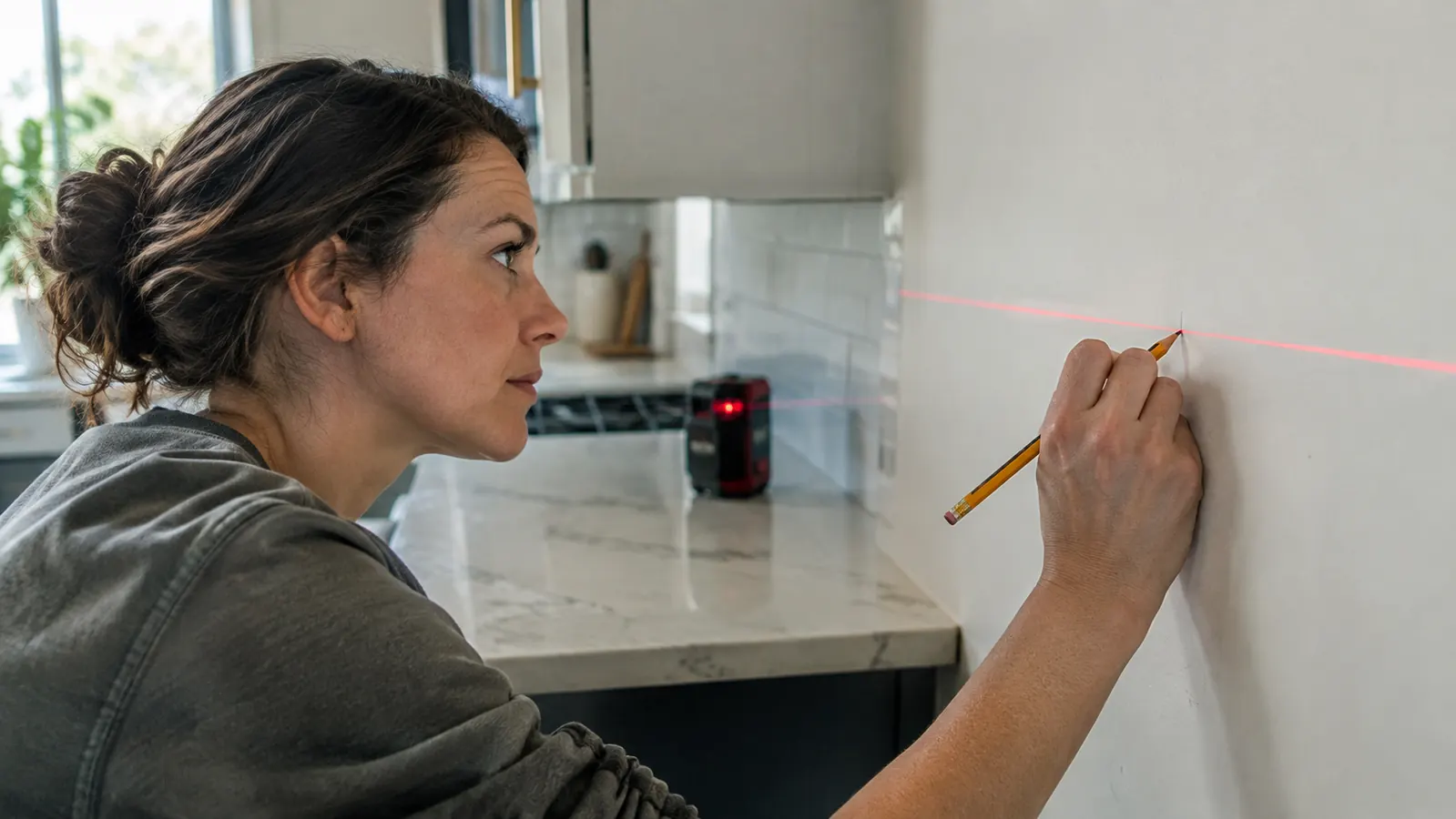 A homeowner marking a pencil line along a red laser line on a kitchen wall