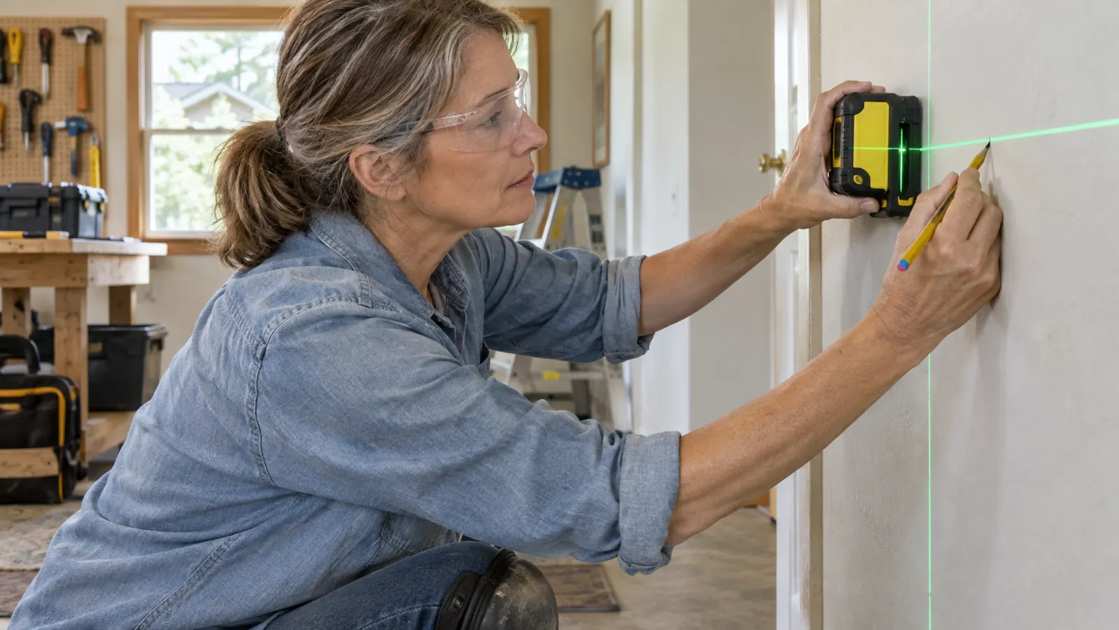 A homeowner holding a red cross-line laser level against a wall while marking a level line