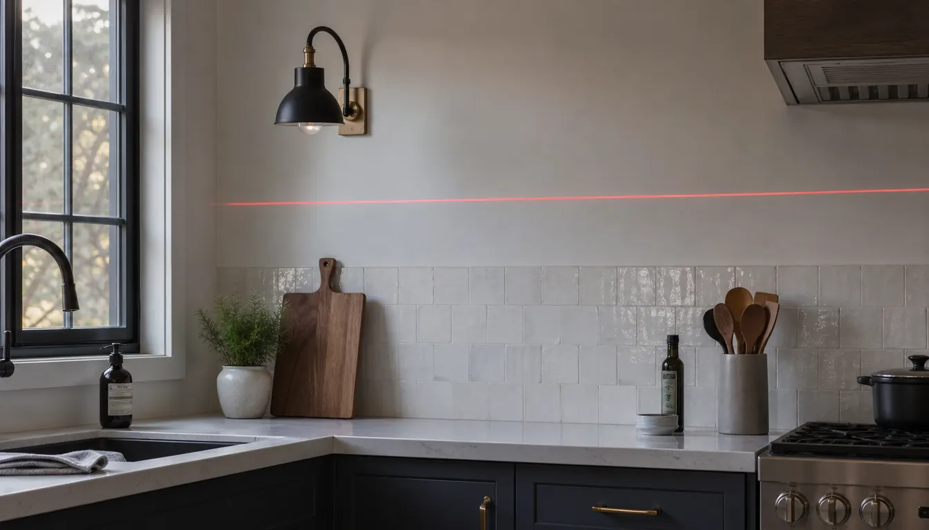 A red laser line running across a kitchen wall above a tile backsplash