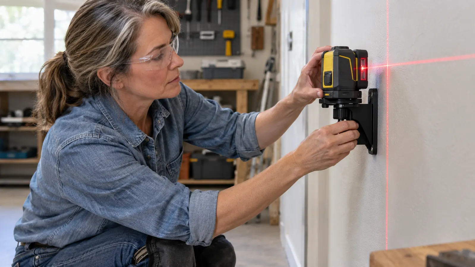 A hand mounting a red-beam laser level on a wall bracket while a red cross line projects onto the wall