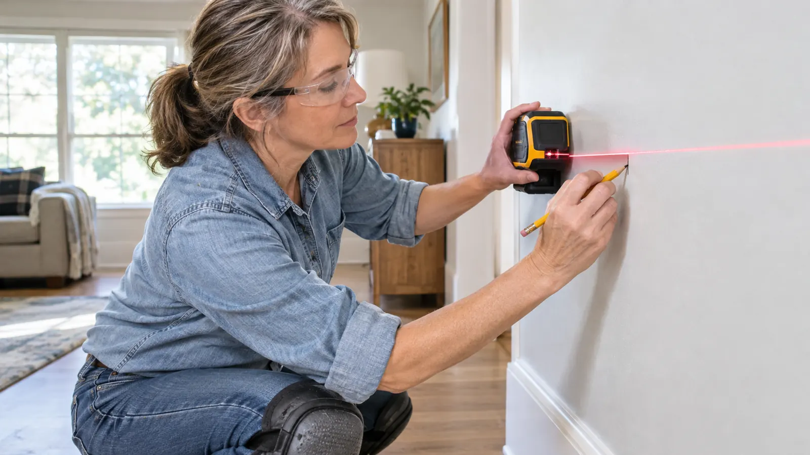 A person holding a red laser level against a wall while marking a pencil line at the laser line