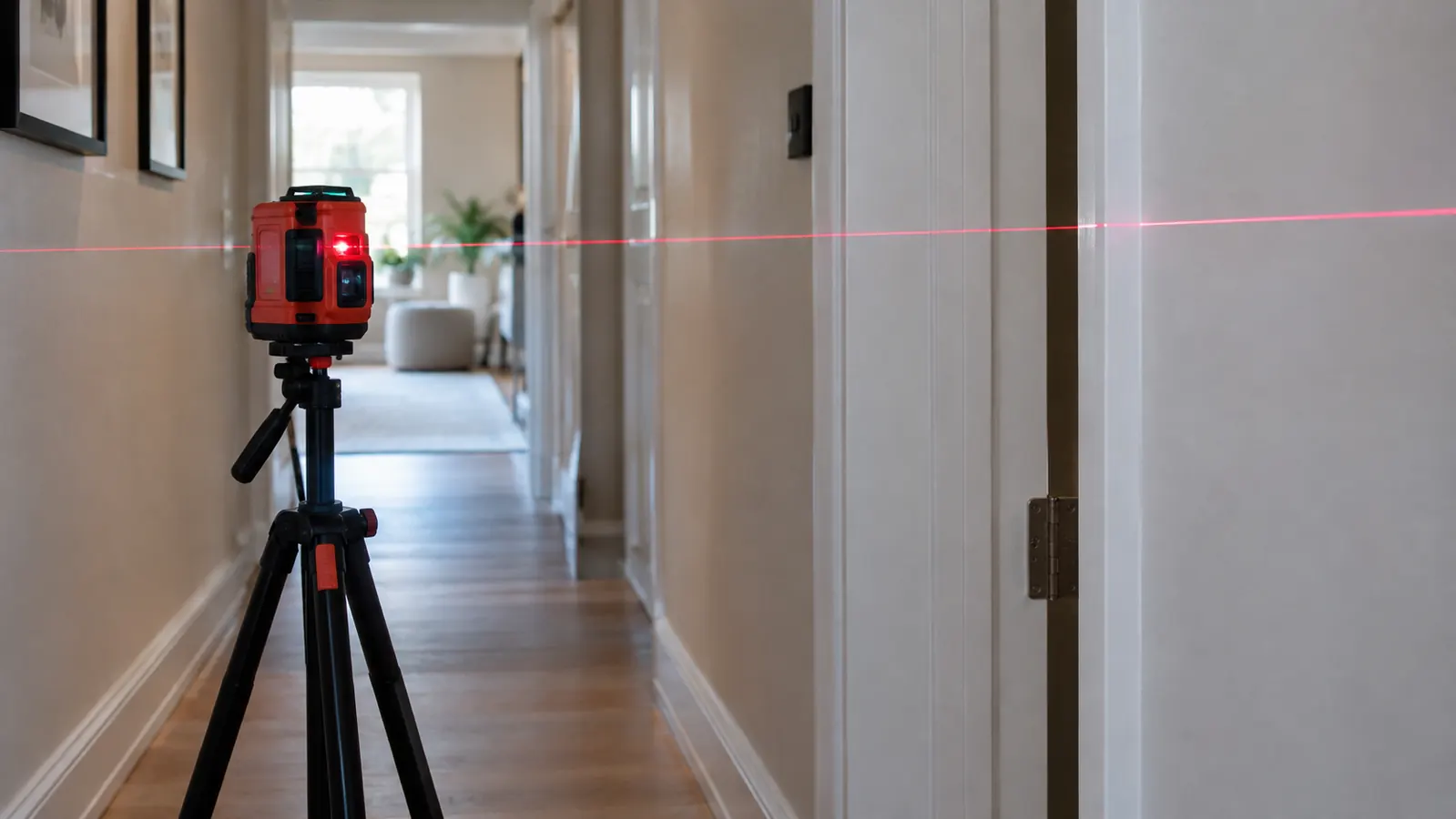 A red laser level on a tripod in a hallway, casting a level line across a door frame