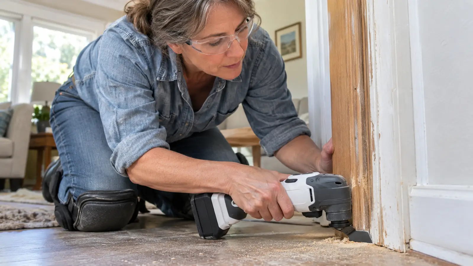 A hand holding a cordless oscillating multi-tool with a blade against a wooden door jamb