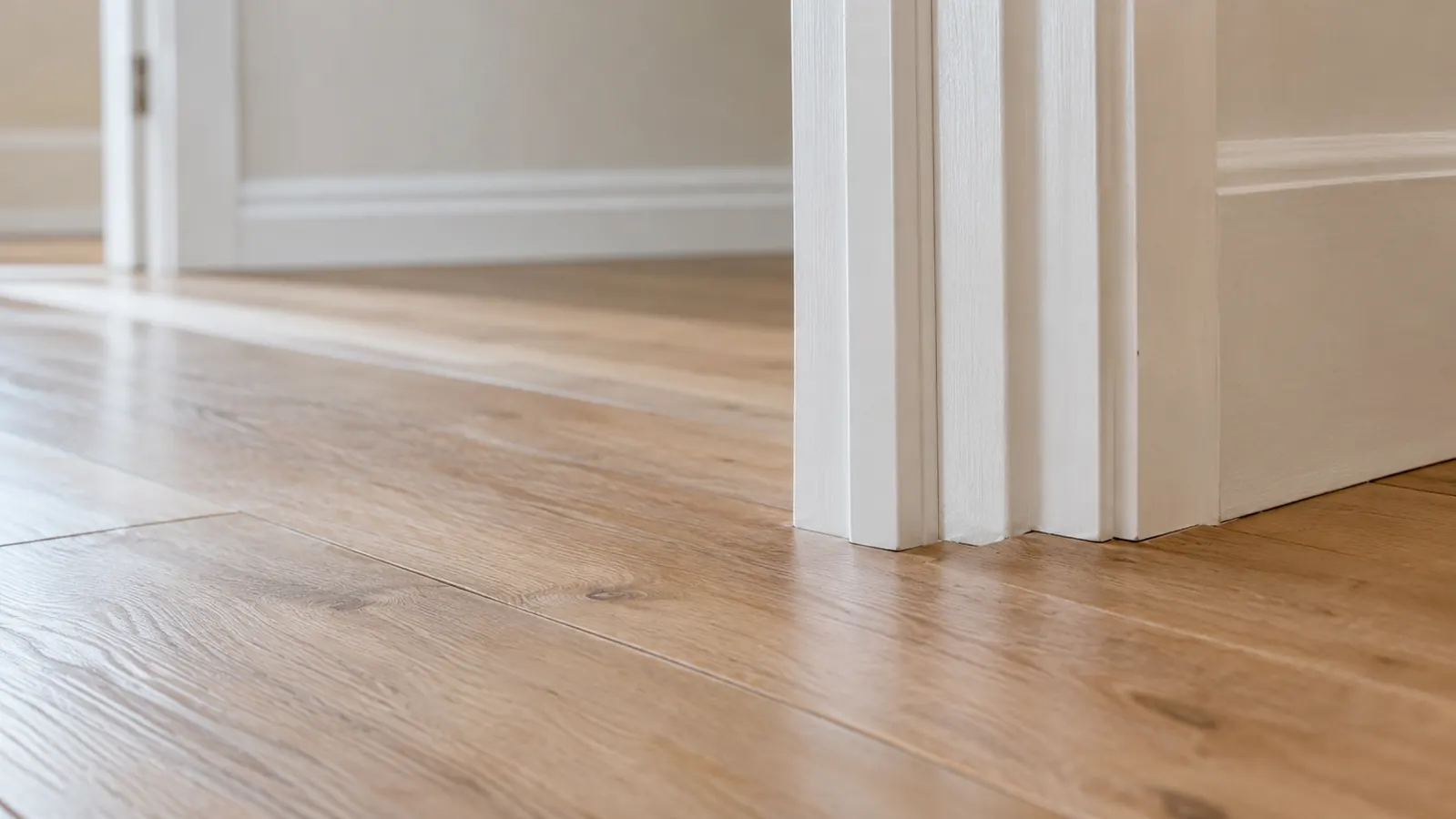 A hallway floor with new planks laid up to a door jamb cut flush