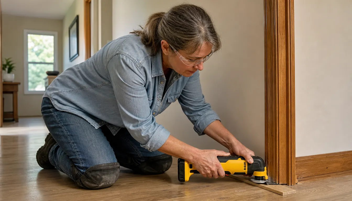 A cordless oscillating multi-tool trimming the bottom of a door casing above a flooring scrap