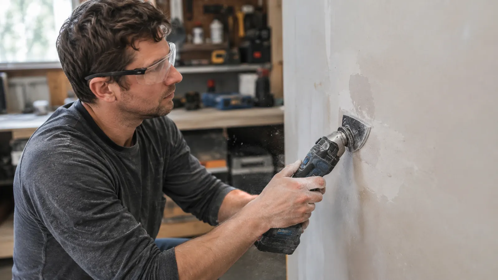 A homeowner sanding a patch of drywall with an oscillating tool, dust in the air