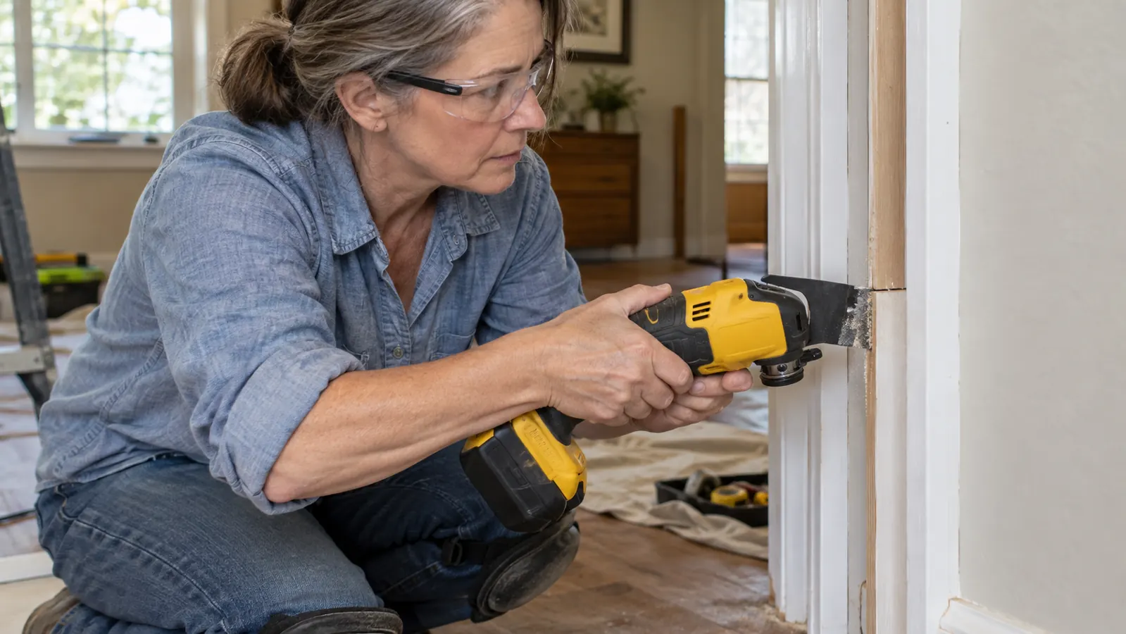 A hand holding a cordless oscillating multi-tool with a flush-cut blade against a door jamb, cutting a trim piece flush