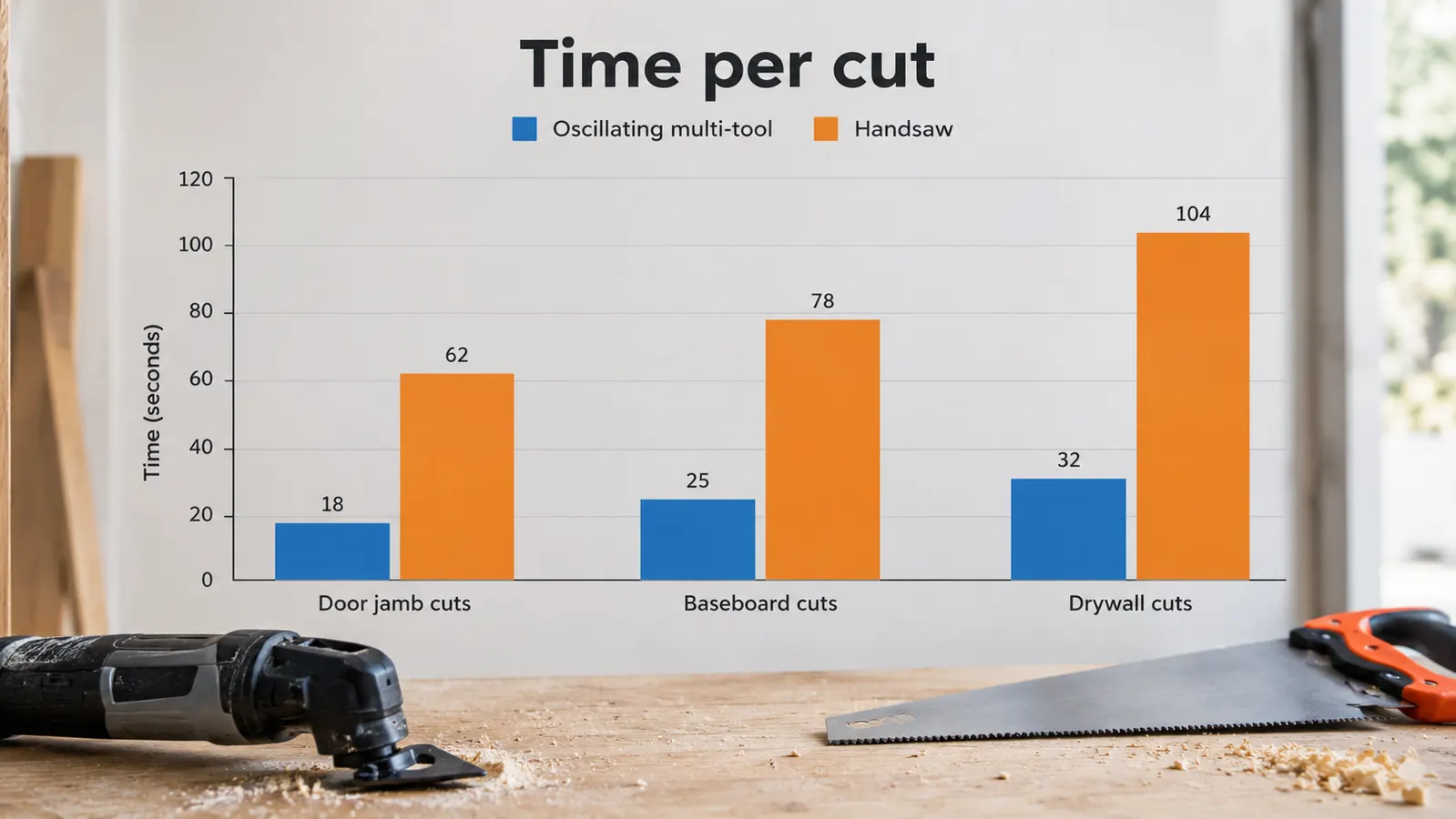 A chart showing time saved on common remodeling cuts with an oscillating multi-tool versus a handsaw
