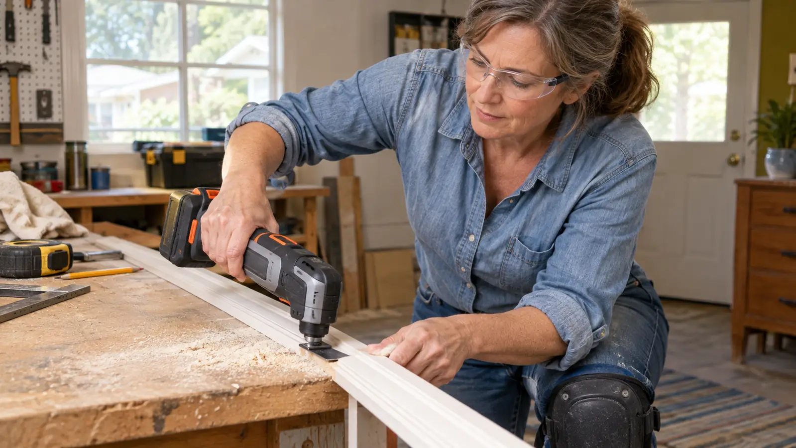 A hand guiding a cordless oscillating multi-tool along a piece of door trim