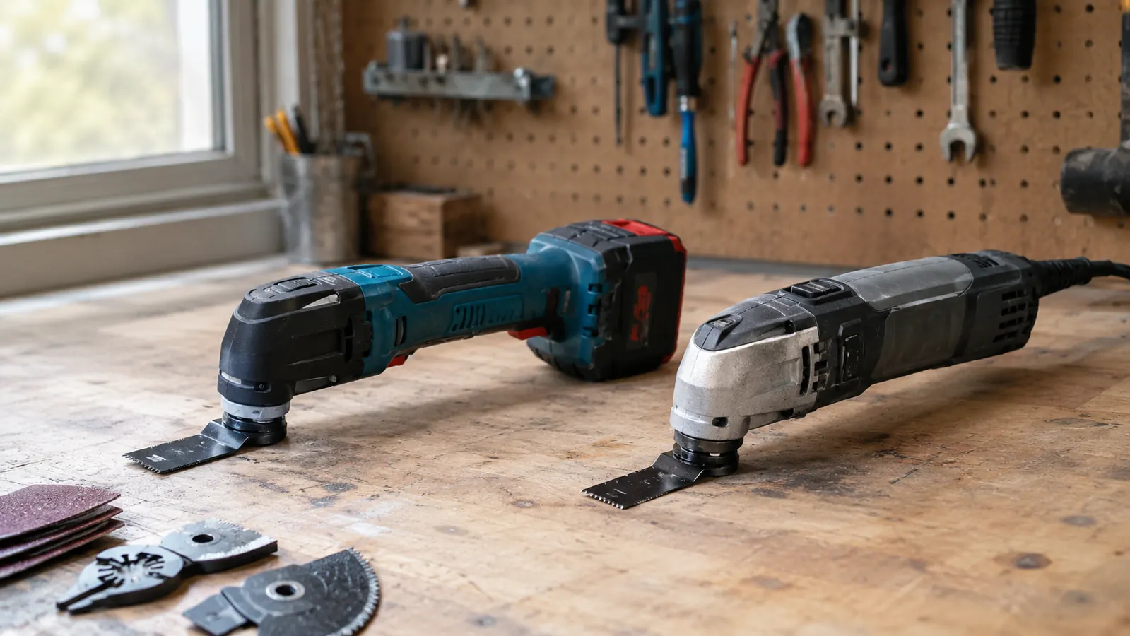 A cordless oscillating multi-tool resting on a workbench next to a corded multi-tool, both tools side by side