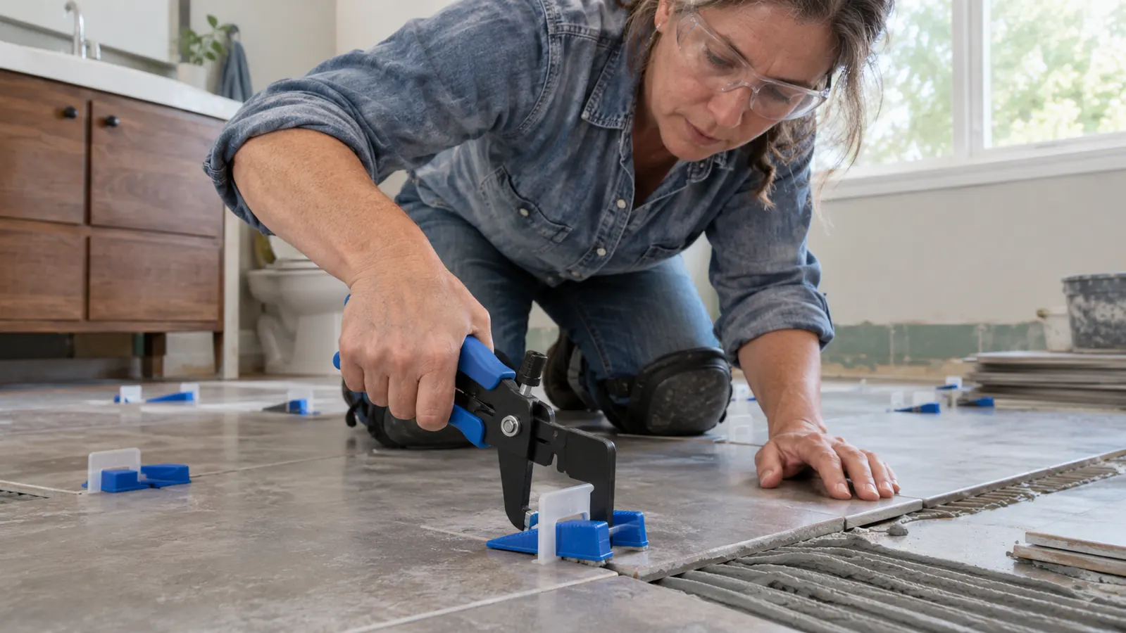 A close view of a tile leveling clip and wedge being tightened with a plier on a bathroom floor