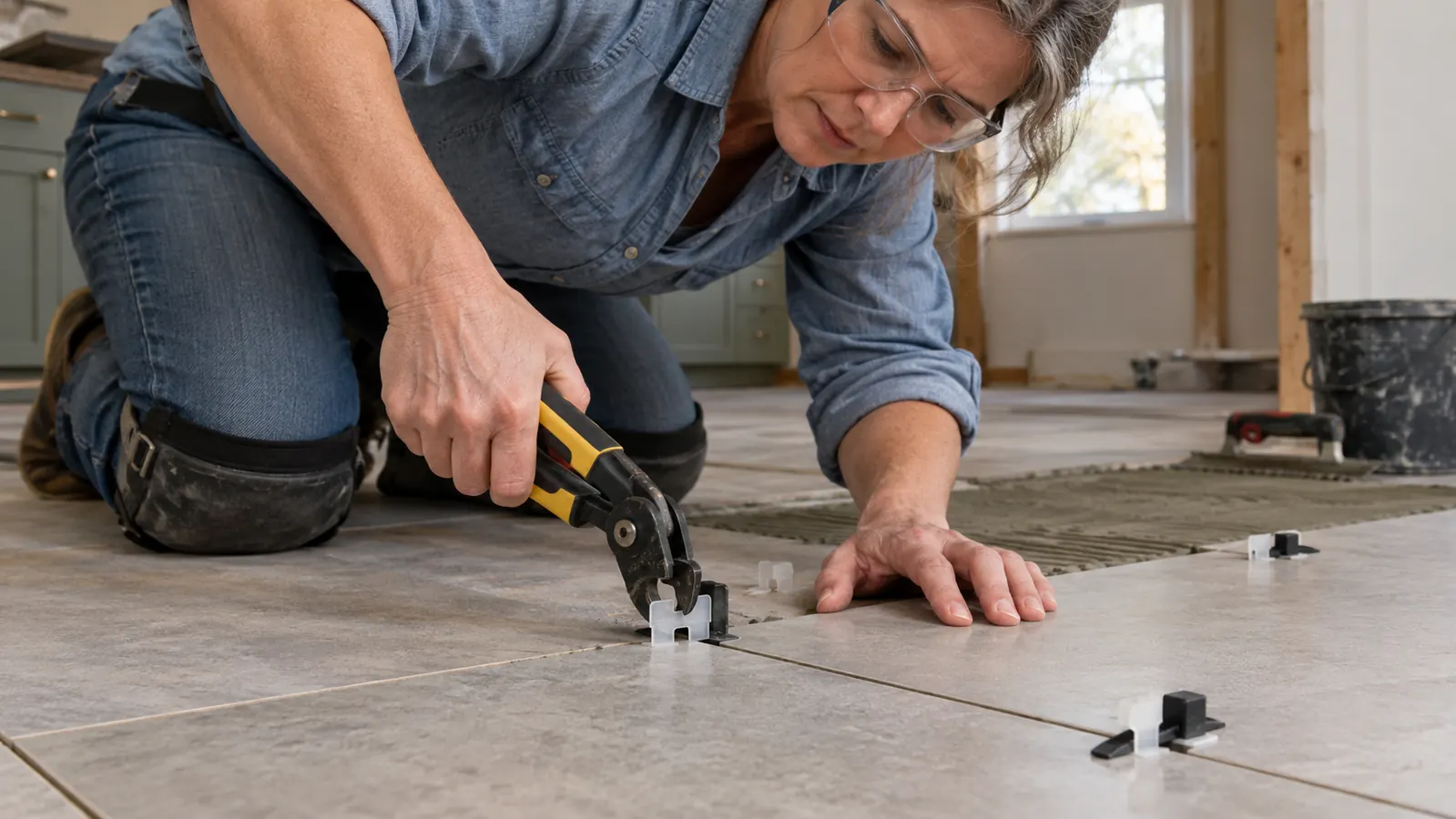 A hand using pliers to snap the top off a tile leveling clip between two installed tiles