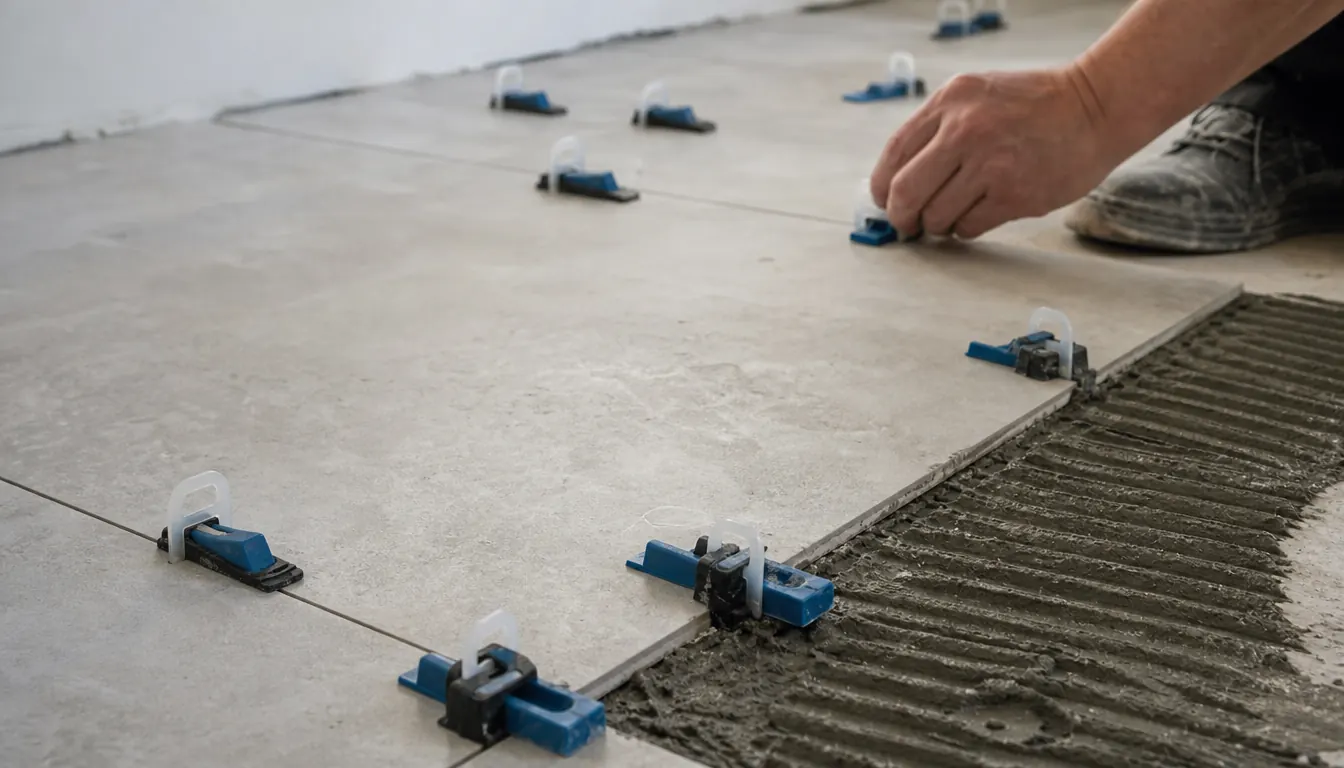A close-up of a tile floor with leveling clips and wedges in place between the tiles