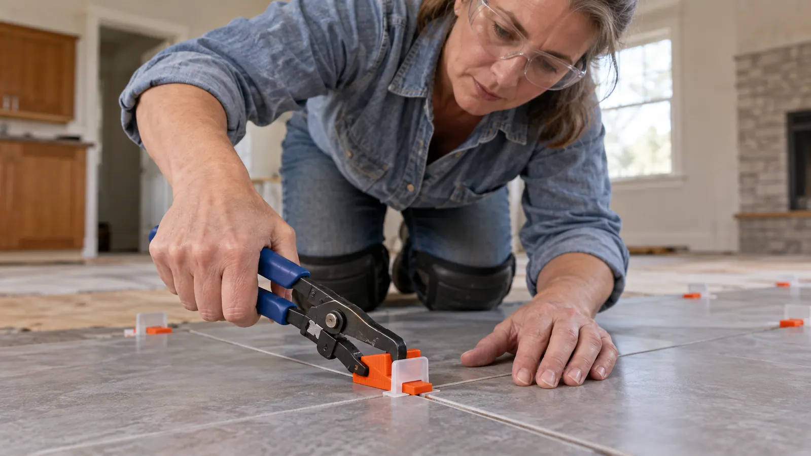A close view of a tile leveling clip and wedge being tightened with pliers between two tiles