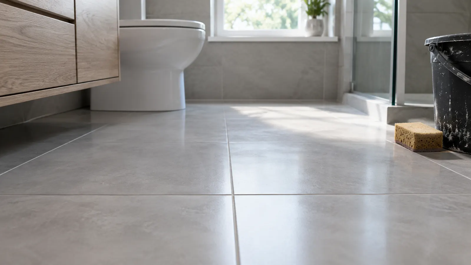 A finished large-format porcelain tile bathroom floor with tight, even grout lines