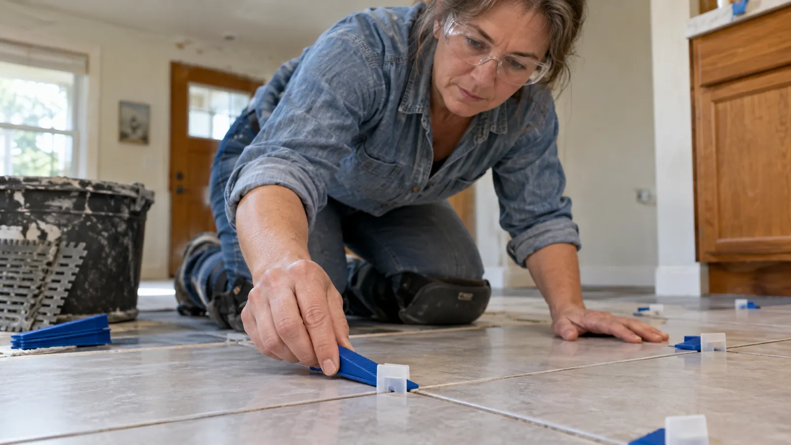 A hand placing a tile leveling wedge into a clip between two tiles on a floor