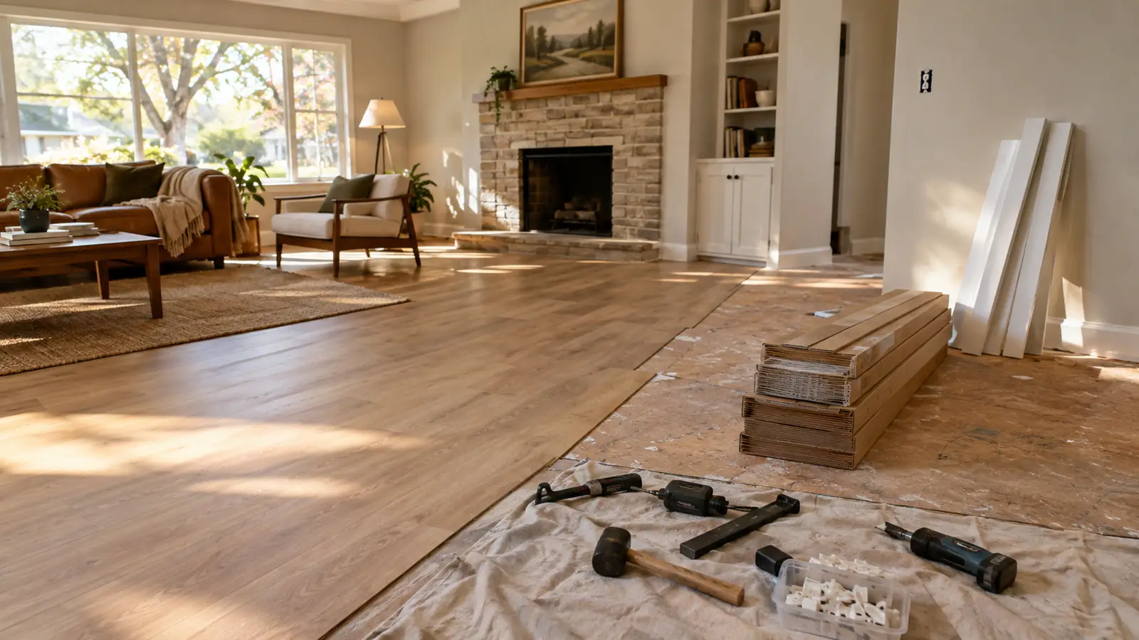 A homeowner kneeling on a half-finished vinyl plank floor in a sunlit living room, tapping a plank into place with tools laid out nearby
