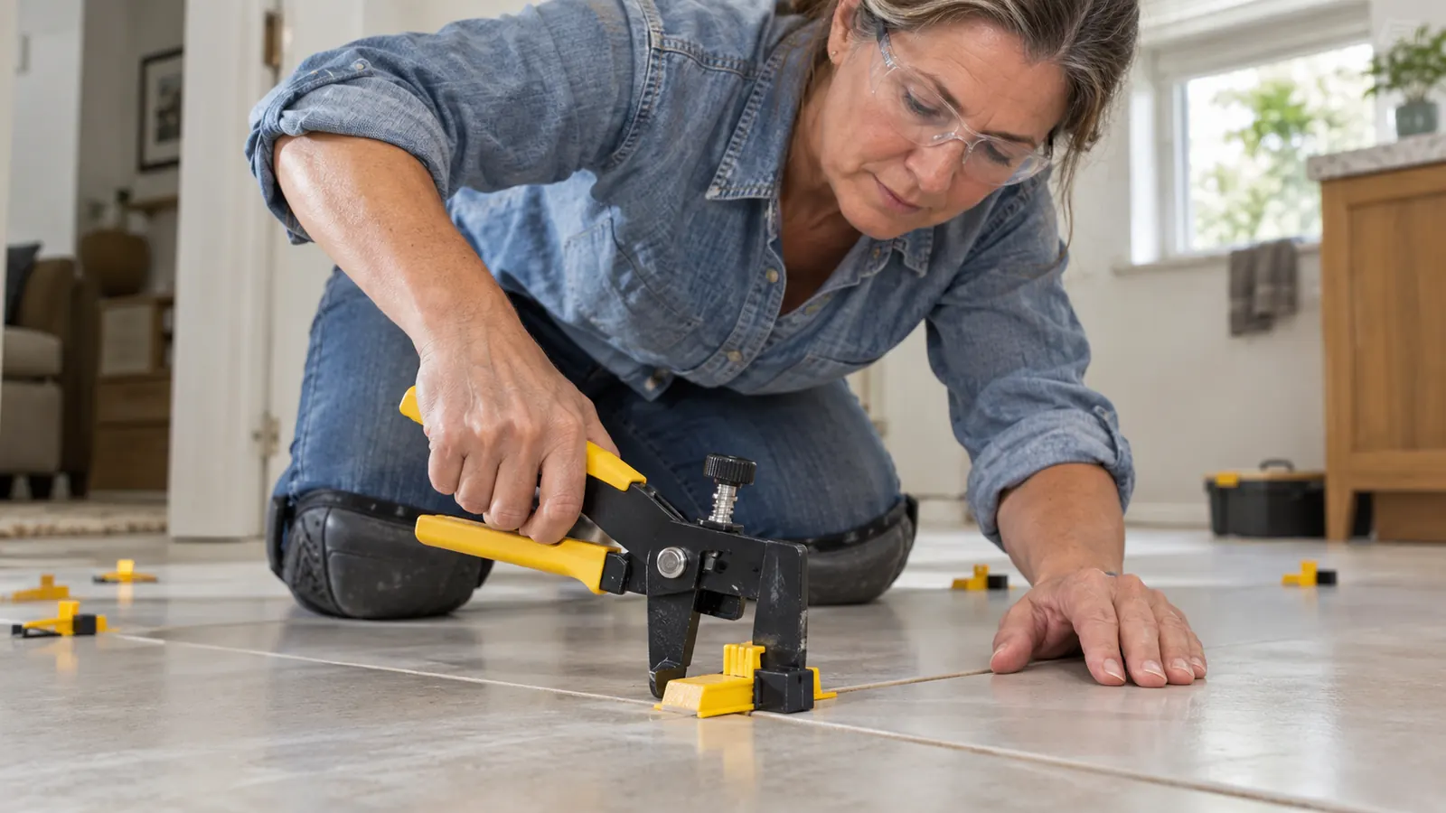 A close view of a tile leveling clip and wedge being tightened with a plier on a tile floor
