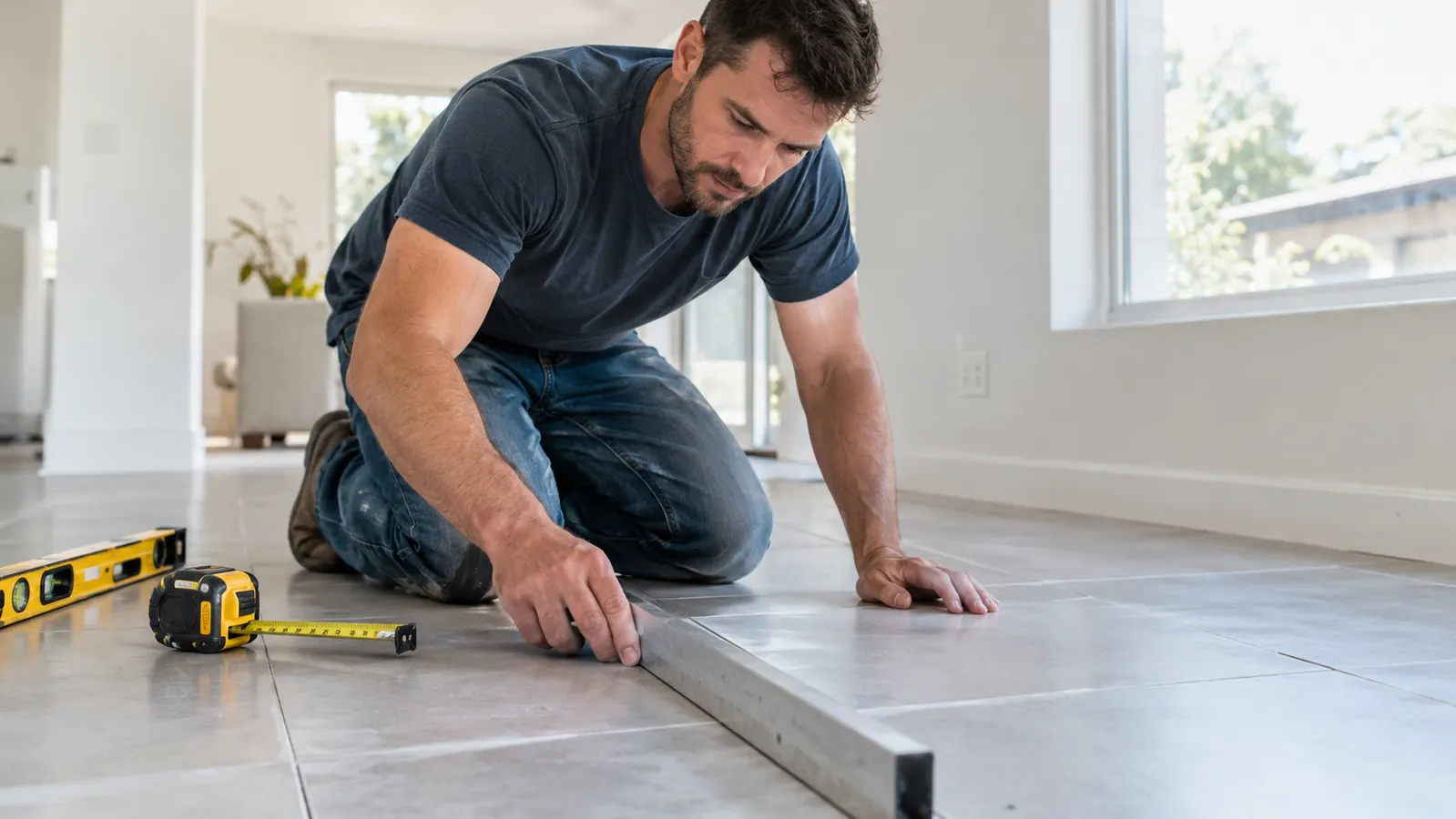A homeowner checking a tile floor with a straightedge for flatness