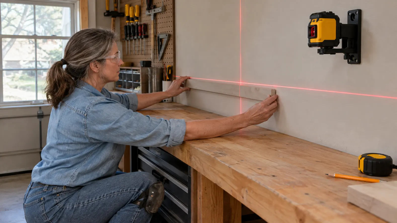 A red cross-line laser projecting level lines onto a wall above a workbench