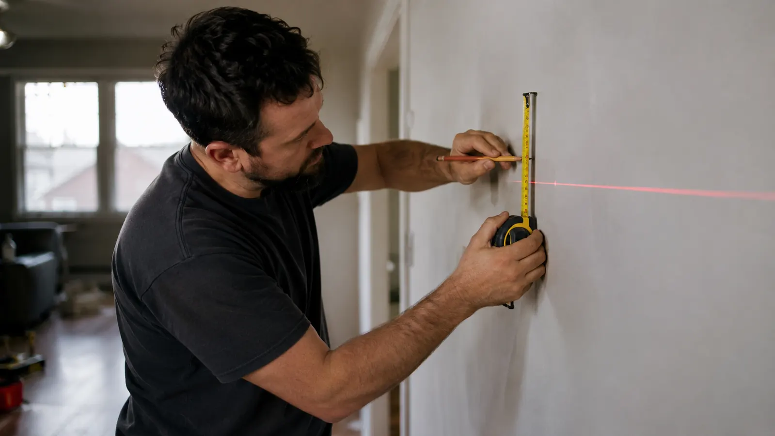 A homeowner marking a stud location along a red laser line on a wall