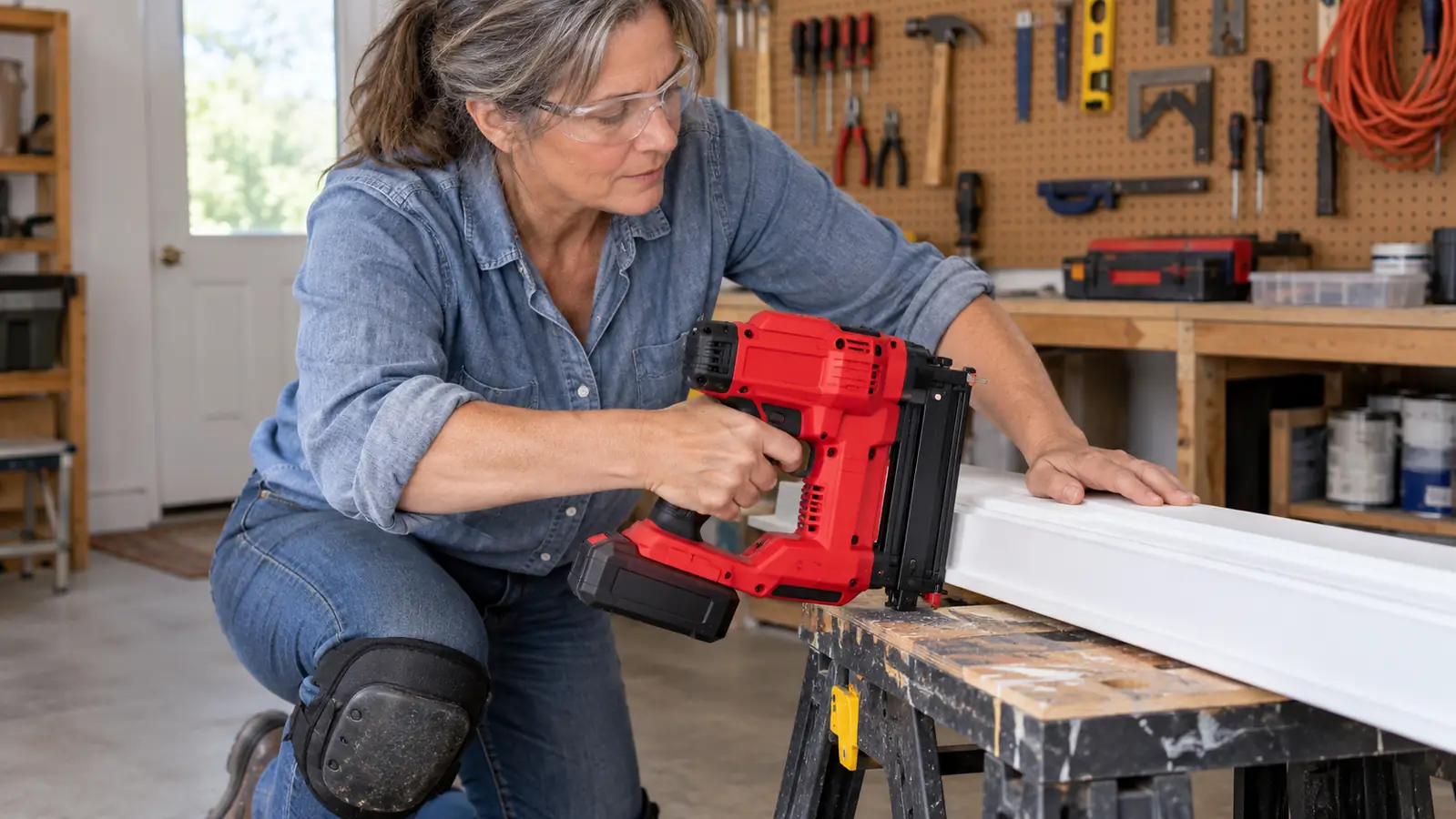 A cordless brad nailer held against a piece of baseboard trim on a sawhorse work table