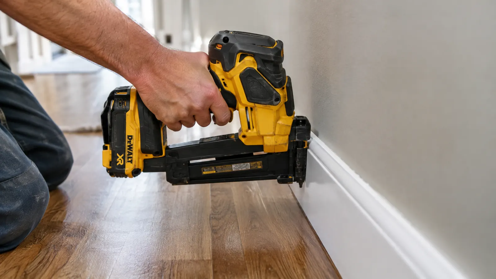 A close-up of a hand pressing a cordless brad nailer against the top edge of a baseboard in a hallway