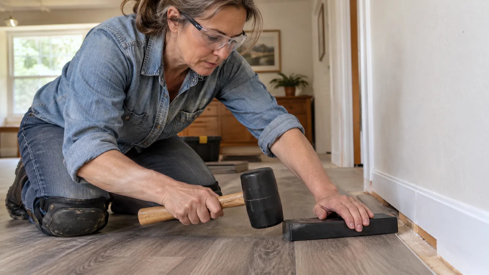 A hand holding a tapping block against the edge of a vinyl plank while striking it with a mallet