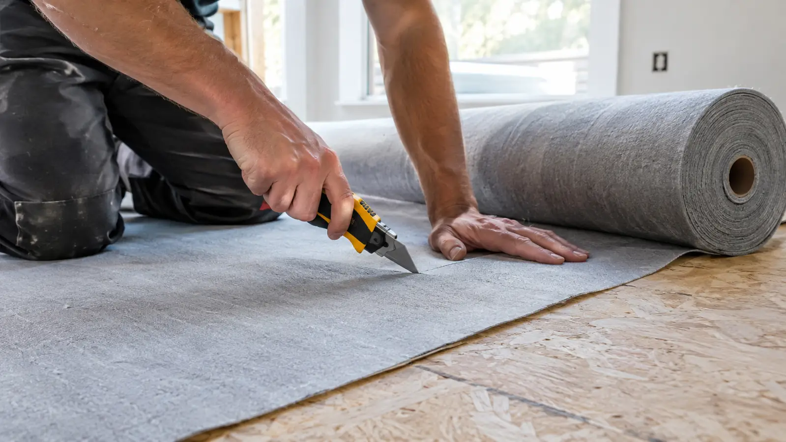 A roll of underlayment laid across a subfloor with a utility knife trimming the edge