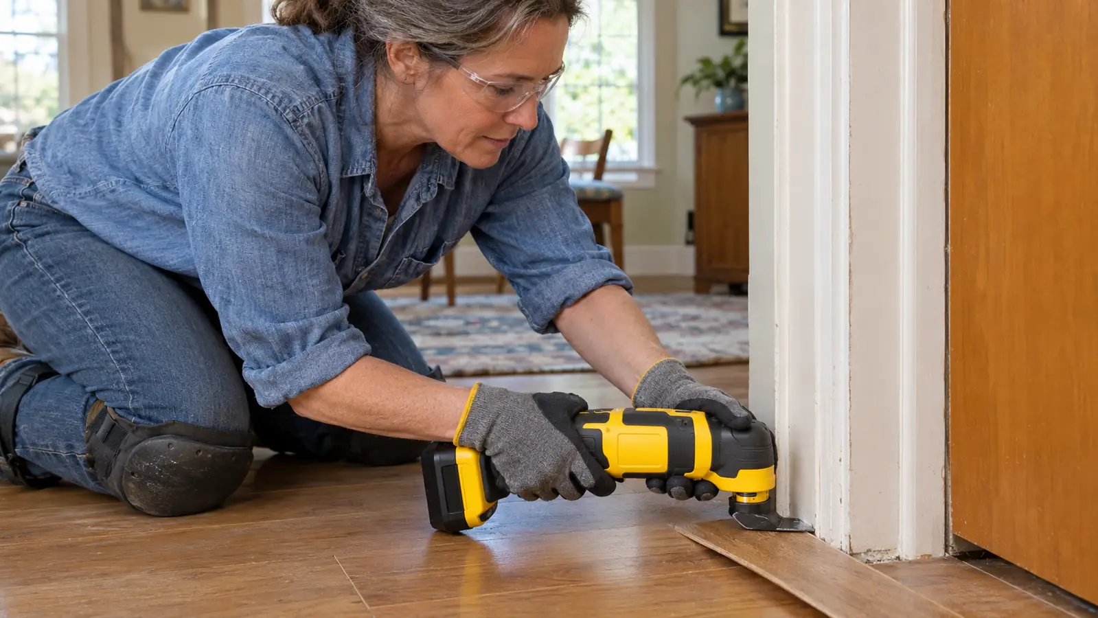 A cordless multi-tool with a flush-cut blade held against a door jamb above a scrap of flooring
