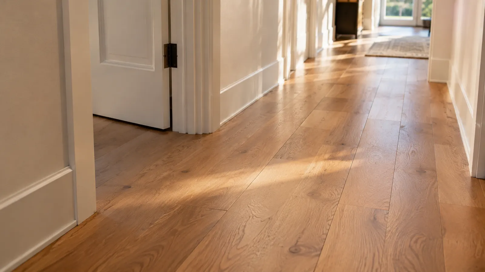 A hallway with new flooring running cleanly under a door jamb