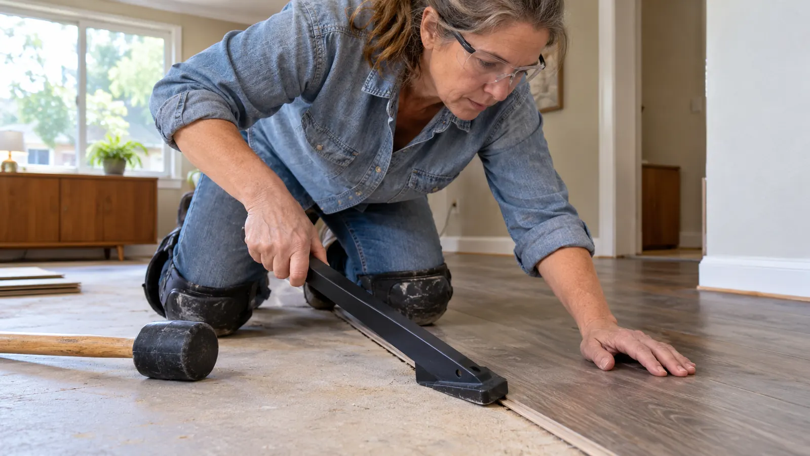 A hand pressing a pull bar against the end of a laminate plank while a mallet rests nearby on the subfloor